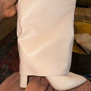Croc-Embossed Cream Block Heel Knee Boot